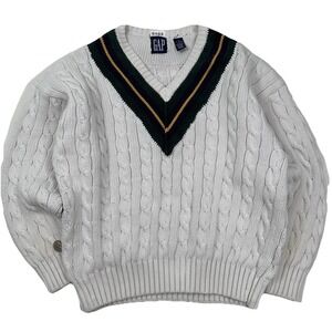 VTG GAP Cricket Sweater Men Small  Cream cable knit V-neck Varsity Tennis Preppy